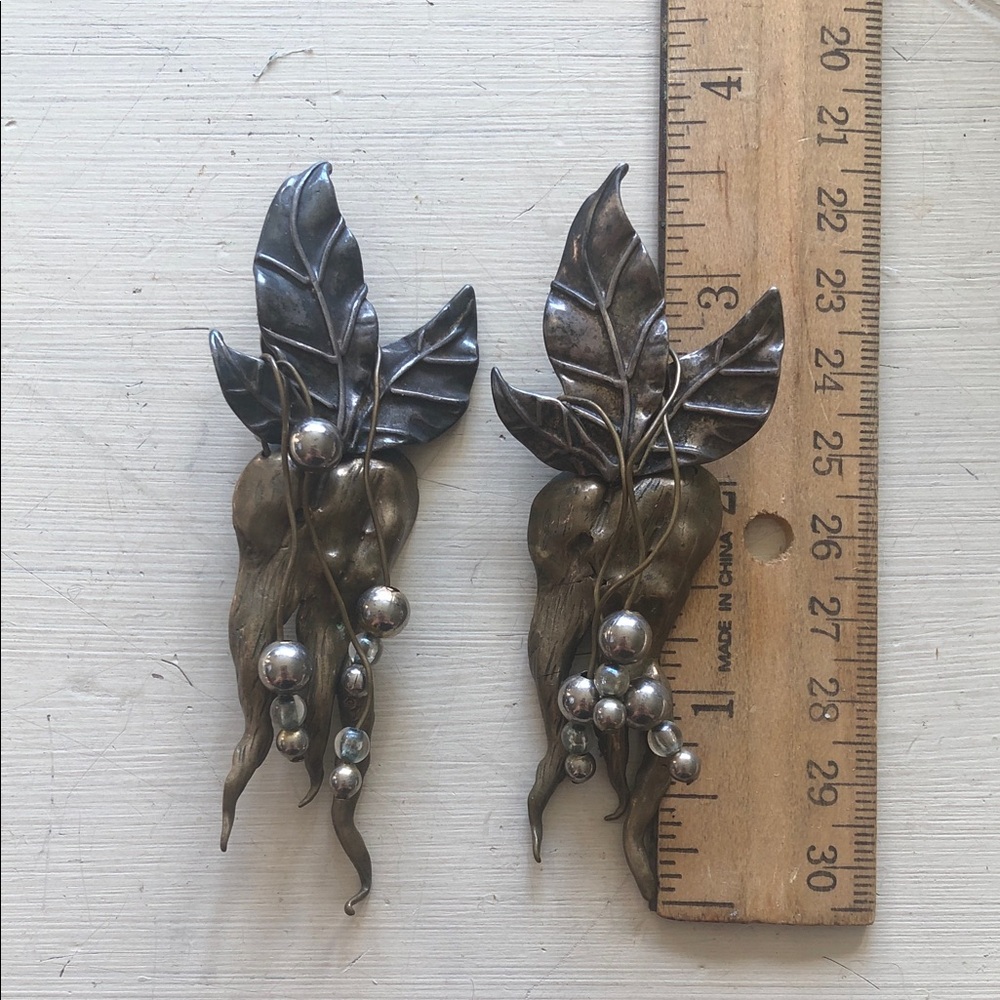 Vintage 70s Goth Punk Wiccan Metal Clip-On Earrings 4" Botanical Signed